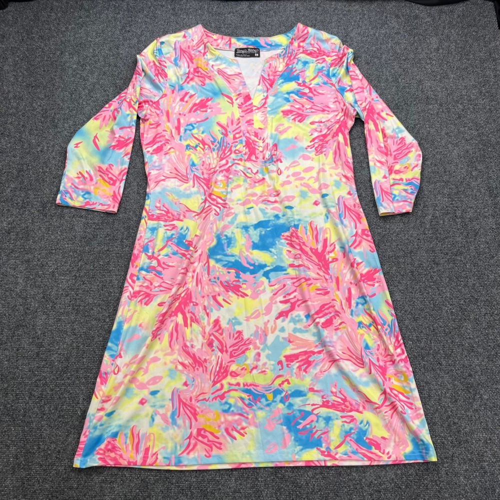 Tango Mango Tropical Beach Resortwear Abstract Pink Blue Floral Tunic Dress